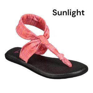 Sanuk Women SZ 7 Orange Stripes T-Strap Fabric Sandal Shoes Comfy Padded Insole